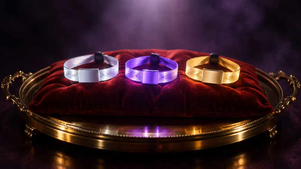 three wristbands on a velvet cushion: silver, violet and gold